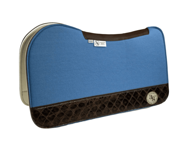 Evolution Pad – 28x30x3/4″ Fusion Felt – Color Pop Light Blue – 4" Full Wear #11 – Brown spine leather