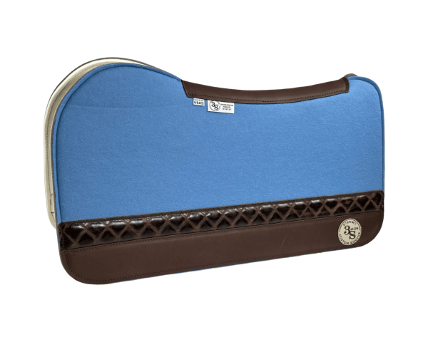 Evolution Pad – 30x30x3/4″ Fusion Felt – Color Pop Light Blue– Accent Strip #11 – Brown wear leather