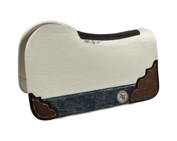Evolution Pad – 28x30x3/4″ Absolute Wool – Cloud - Hand Tooled Corners - Painted Spot Border - Driftwood Wear Leather