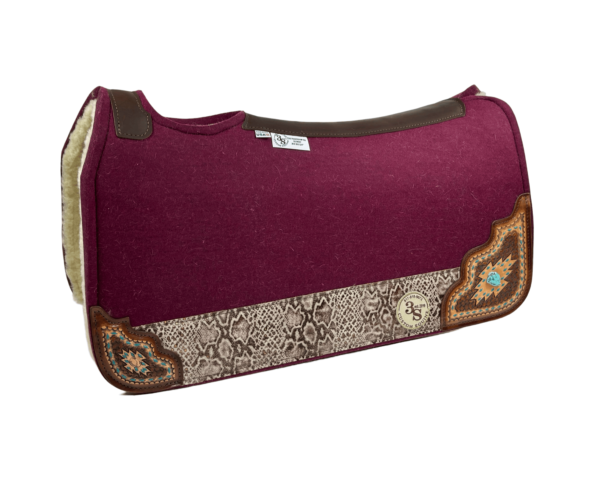 Tradition *HP* Pad – 30x30x3/4″ Element Wool – Merlot - Hand Tooled Corners + Turquoise - Python wear leather + Wool Fleece