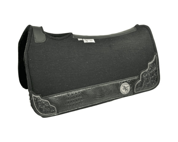 Tradition *HP* Pad – 30x30x3/4″ Element Wool – Licorice – Hand Tooled Blue Floral Corners – #33 Wear leather + Wool Fleece