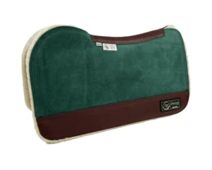 The Connection Pad – Evolution 28x30x1/2” + Thinpact Shim – Forest Green Velvet Suede – Brown wear leather – 100% wool fleece (white)