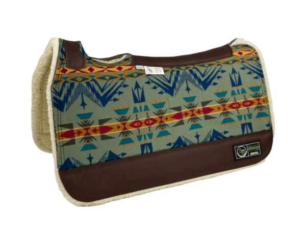 The Connection Pad – Tradition HP 28x30x1/2” + Thinpact Shim – made with Pendleton® fabric – #3 – Brown wear leather – 100% wool fleece – Some fraying will occur on edges