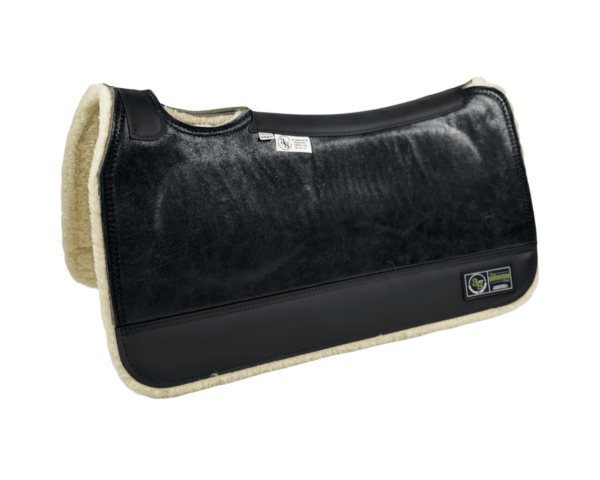 The Connection Pad – Tradition HP 30x30x1/2” + Thinpact Shim – Black Shimmer Suede – Black wear leather – 100% wool fleece
