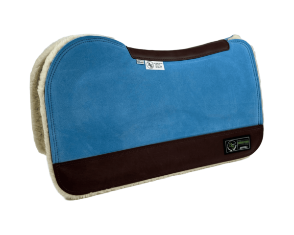 The Connection Pad – Evolution 28x30x1/2” + Thinpact Shim – Sky Blue Velvet Suede – Brown wear leather – 100% wool fleece