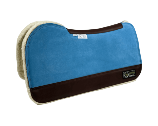 The Connection Pad – Evolution 30x30x1/2” + Thinpact Shim – Sky Blue Velvet Suede – Brown wear leather – 100% wool fleece