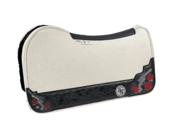 Evolution Pad – 30x30x3/4″ Absolute Wool – Cloud – Hand Tooled Guns/Roses Corners – #4 Wear leather + Wool Fleece