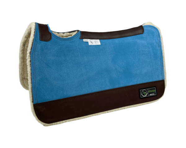 The Connection Pad – Tradition HP 28x30x1/2” + Thinpact Shim – Sky Blue Velvet Suede – Brown wear leather – 100% wool fleece