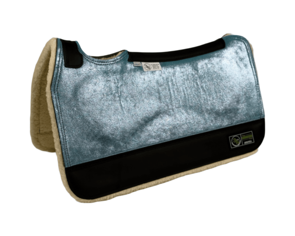 The Connection Pad – Tradition HP 28x30x1/2” + Thinpact Shim – Turquoise Shimmer Suede – Black wear leather – 100% wool fleece