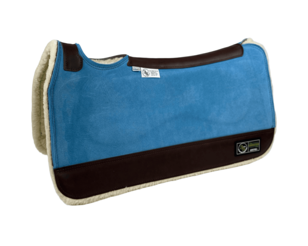 The Connection Pad – Tradition HP 30x30x1/2” + Thinpact Shim – Sky Blue Velvet Suede – Brown wear leather – 100% wool fleece