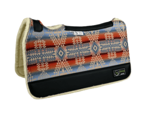 The Connection Pad – Tradition HP 28x30x1/2” + Thinpact Shim – made with Pendleton® fabric – #27 – Black wear leather – 100% wool fleece – Some fraying will occur on edges