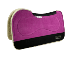The Connection Pad – Evolution 28x30x1/2” + Thinpact Shim – Fuchsia Velvet Suede – Black wear leather – 100% wool fleece (white)
