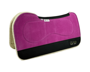 The Connection Pad – Evolution 30x30x1/2” + Thinpact Shim – Fuchsia Velvet Suede – Black wear leather – 100% wool fleece (white)