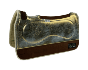 The Connection Pad – Tradition *HP* 28x30x1/2” + Thinpact Shim – Heavy Metal Gold Turquoise – Brown wear leather – 100% wool fleece (white)