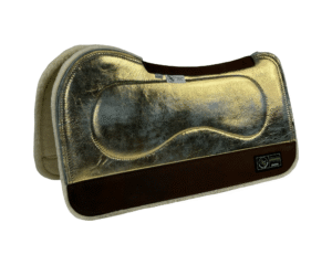 The Connection Pad – Evolution 30x30x1/2” + Thinpact Shim – Heavy Metal Gold Turquoise – Brown wear leather – 100% wool fleece (white)