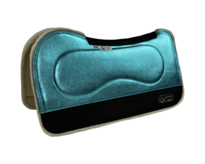 The Connection Pad – Evolution 30x30x1/2” + Thinpact Shim – Rio Aquamarine – Black wear leather – 100% wool fleece (white)