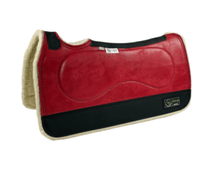 The Connection Pad – Tradition HP 30x30x1/2” + Thinpact Shim – Hard Rock Red – Black wear leather – 100% wool fleece – White